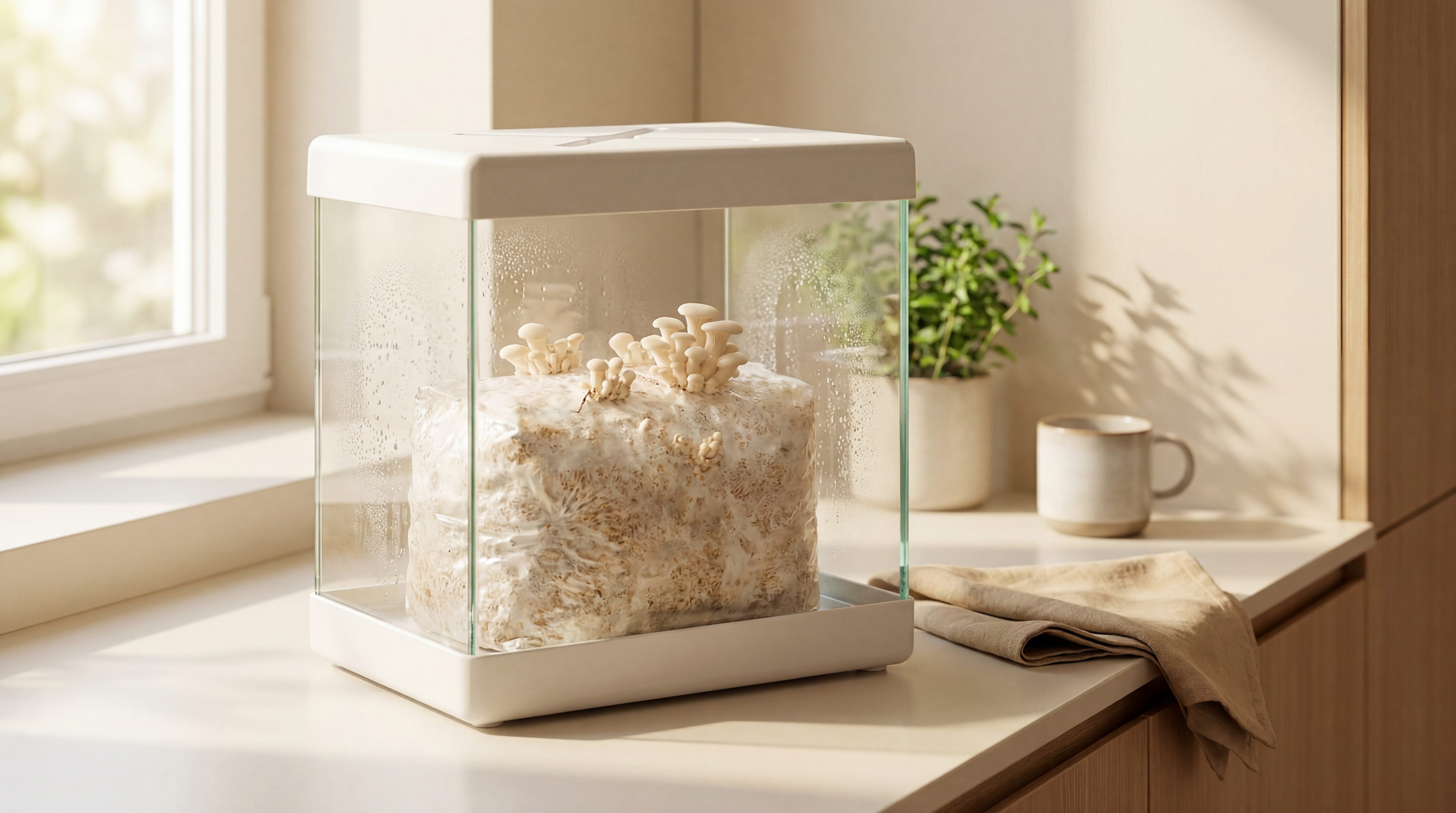 Bone-white Lykyn smart mushroom grow box on a sunlit kitchen counter with a colonized fruiting block and pearl oyster pins emerging