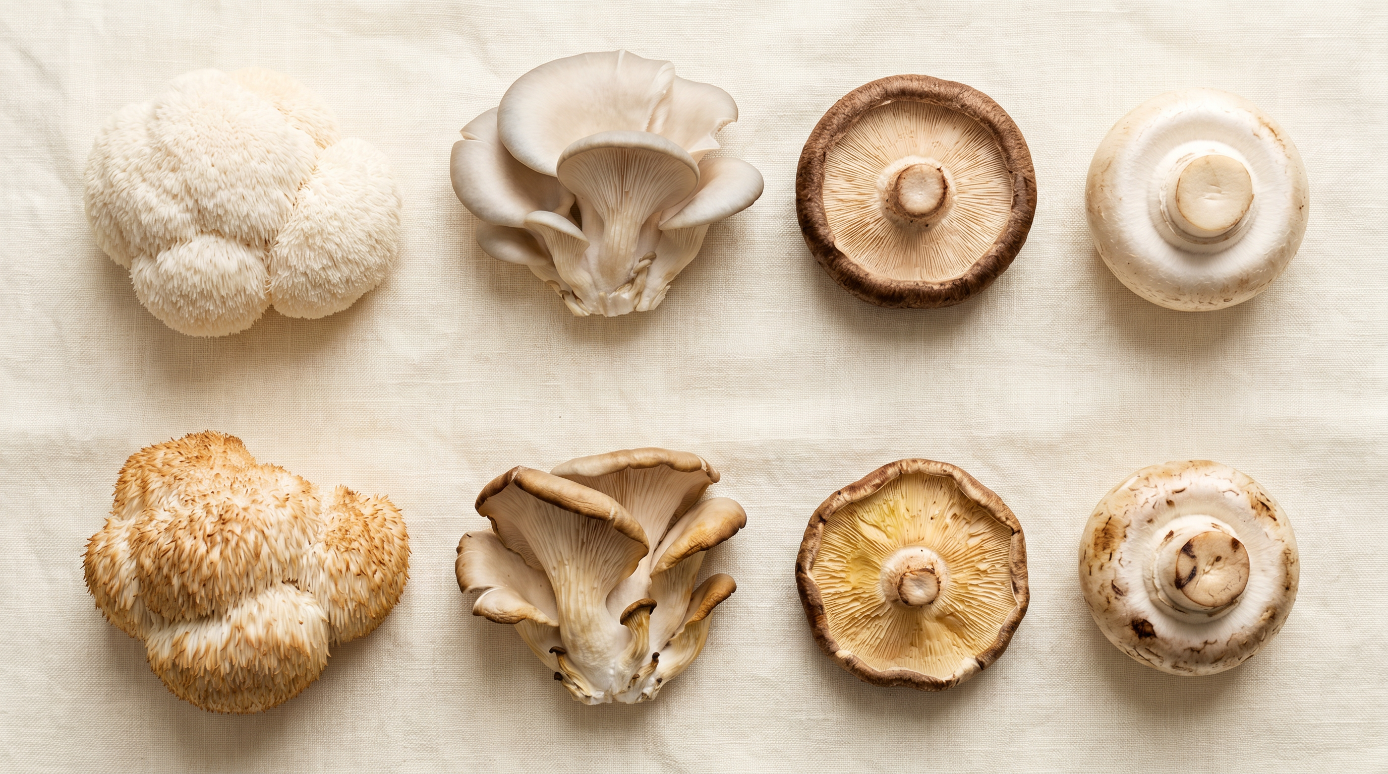 Editorial top-down flat-lay of four gourmet mushroom species (lion's mane, oyster, shiitake, button) on warm cream linen, showing fresh examples on the top row and browning examples on the bottom row.