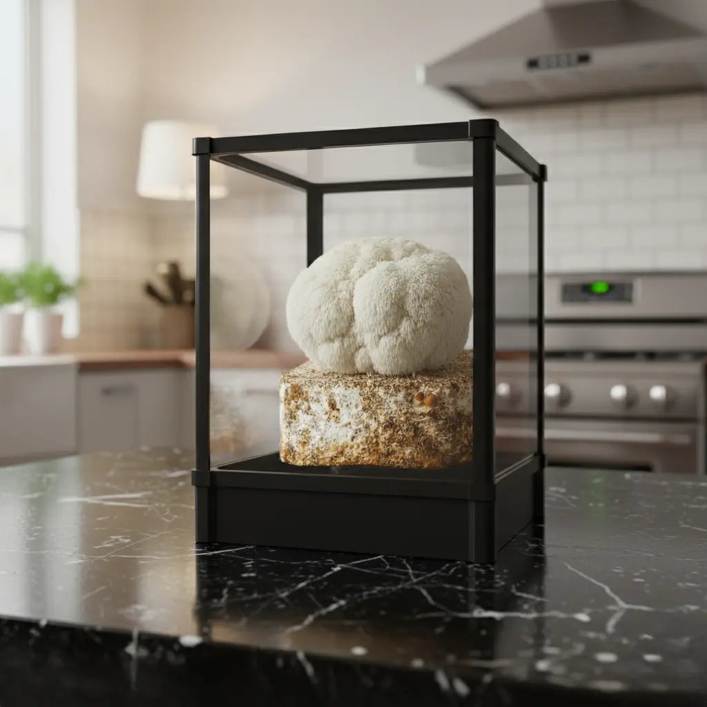 Lykyn Smart Mushroom Grow Box Obsidian Black on a modern kitchen countertop with a mature mushroom cluster fruiting from a substrate block