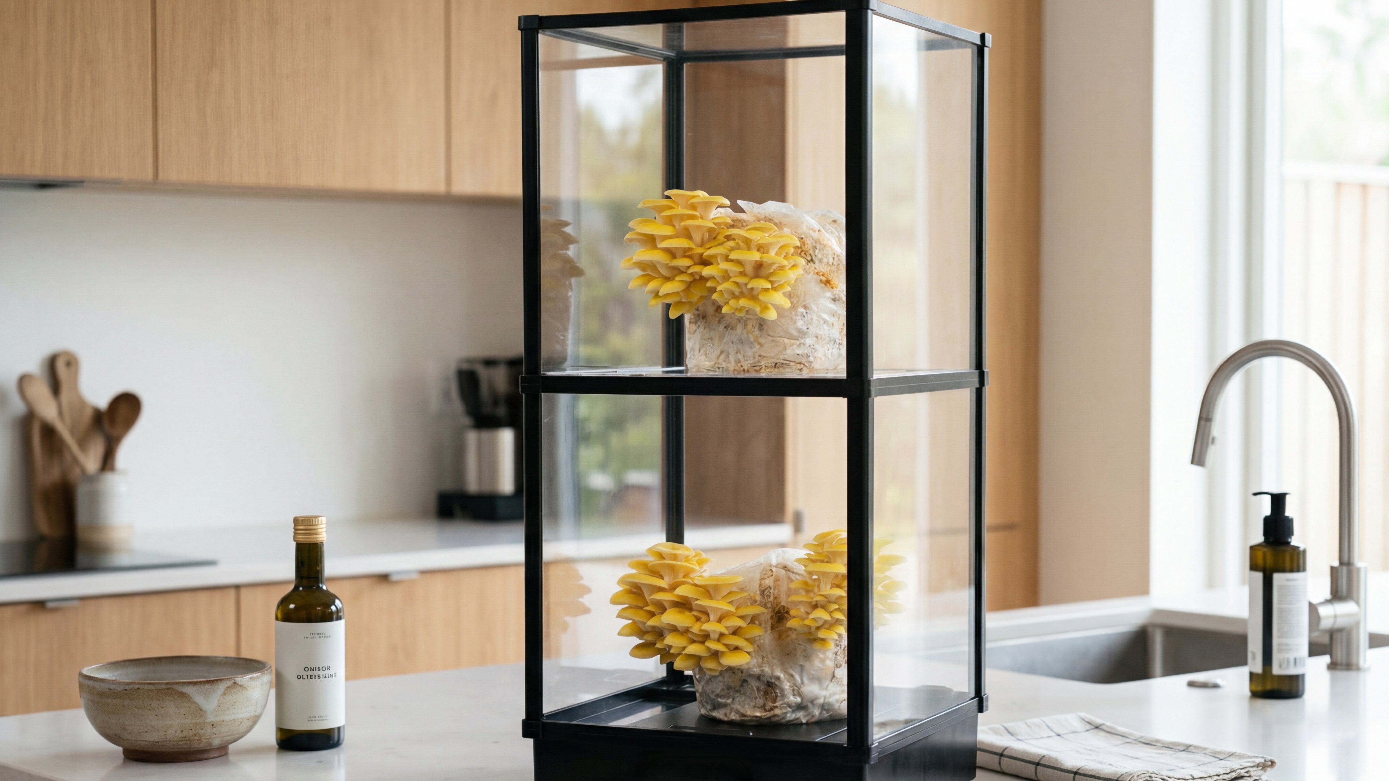 Black Lykyn two-tier smart mushroom grow chamber on a modern kitchen counter with two clusters of fresh yellow oyster mushrooms growing inside, wood cabinets and sink in the background