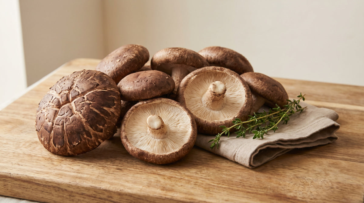 Fresh shiitake mushroom harvest on a wood cutting board, mahogany caps with characteristic white cracking pattern and visible gills