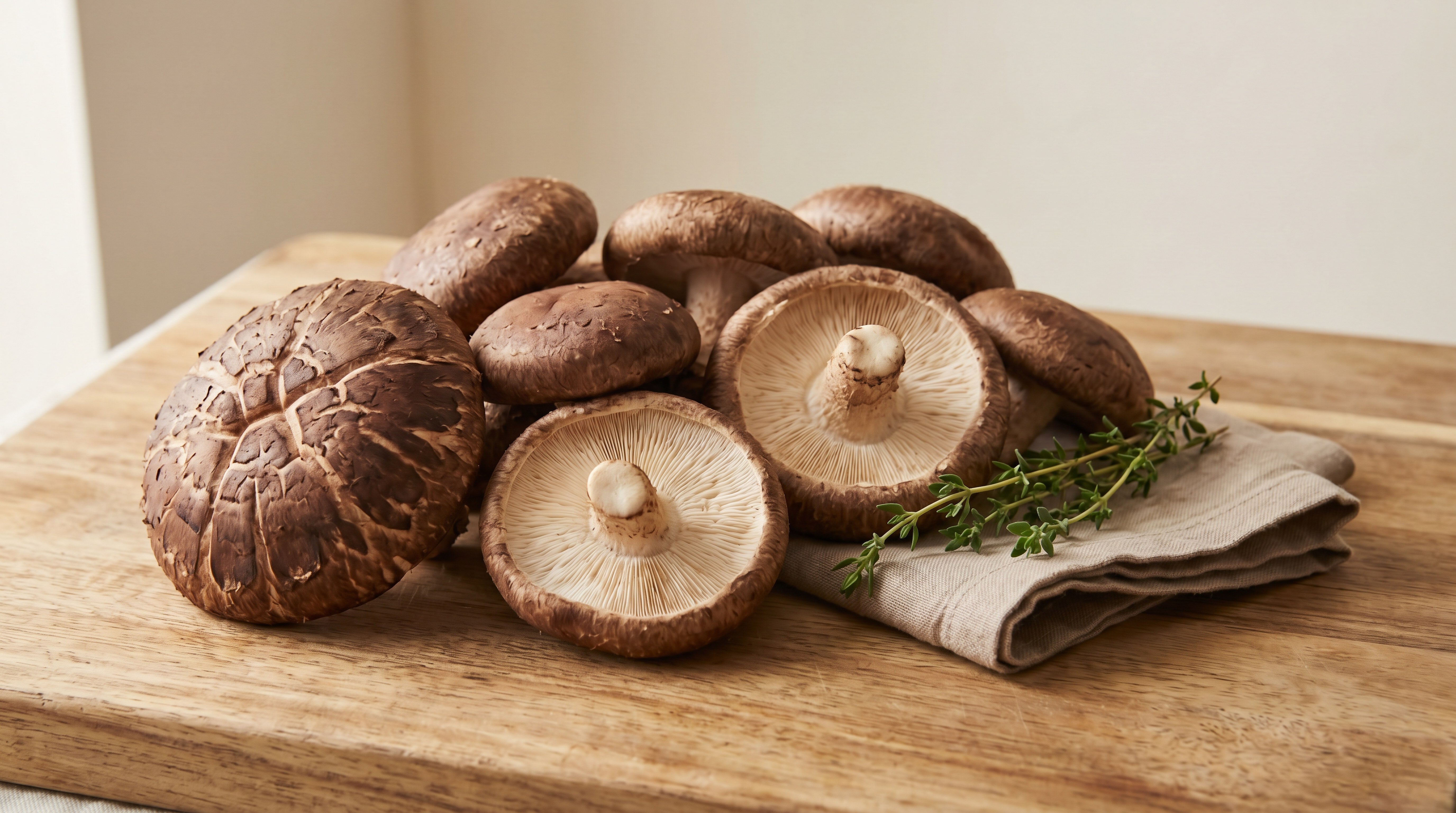 Fresh shiitake mushroom harvest on a wood cutting board, mahogany caps with characteristic white cracking pattern and visible gills