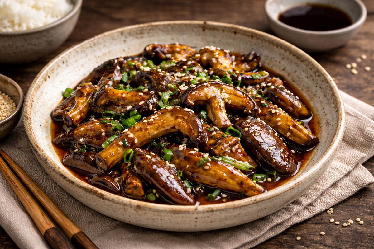 Japanese braised shiitake mushrooms plated on a ceramic dish with soy glaze