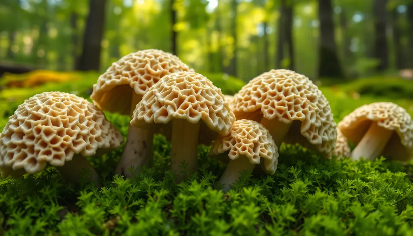 Large morel mushrooms displayed on a rustic wooden surface for scale