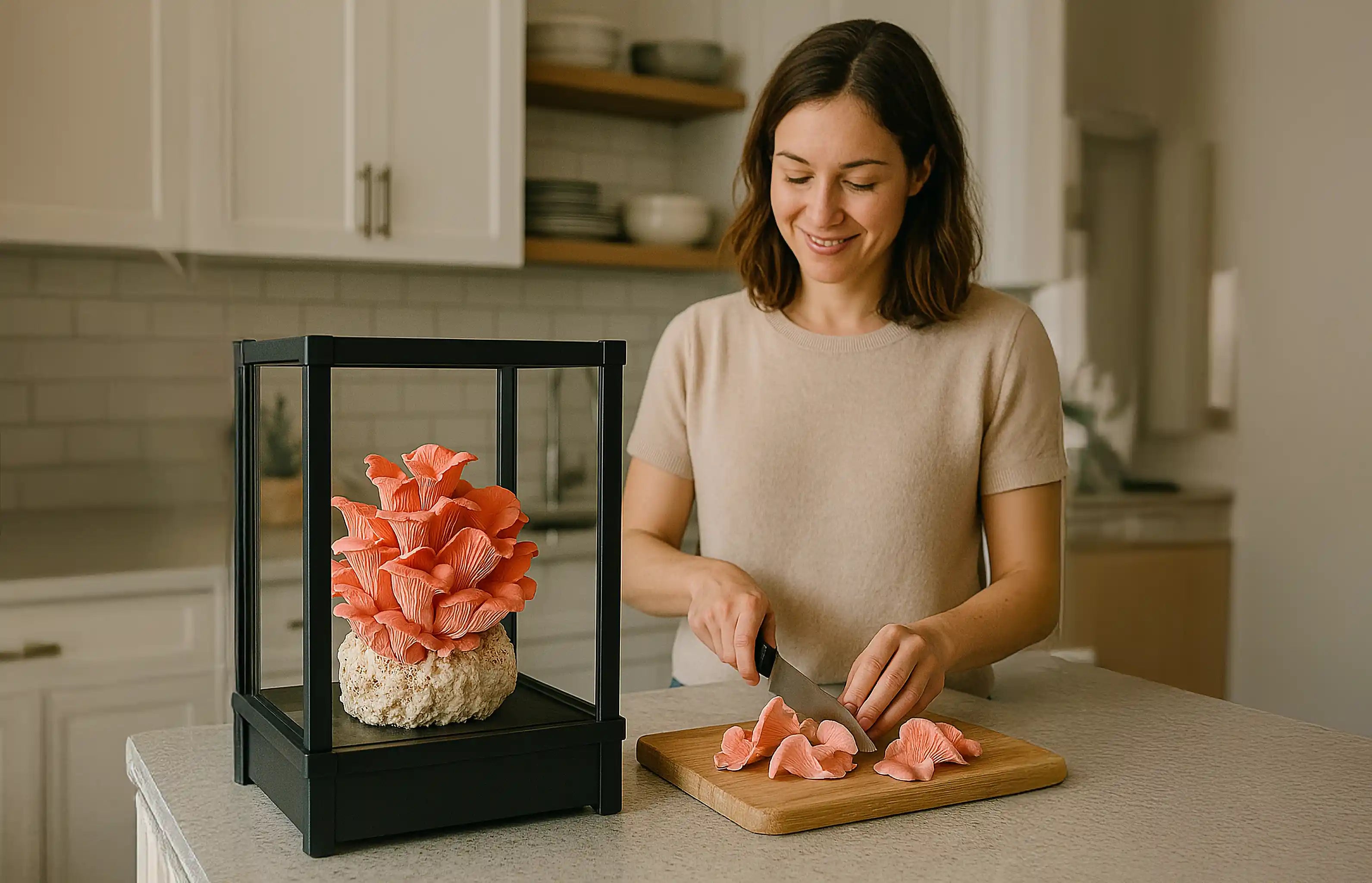 Black Lykyn smart mushroom grow box on a kitchen counter with pink oyster mushrooms growing inside while a person harvests fresh mushrooms on a cutting board nearby