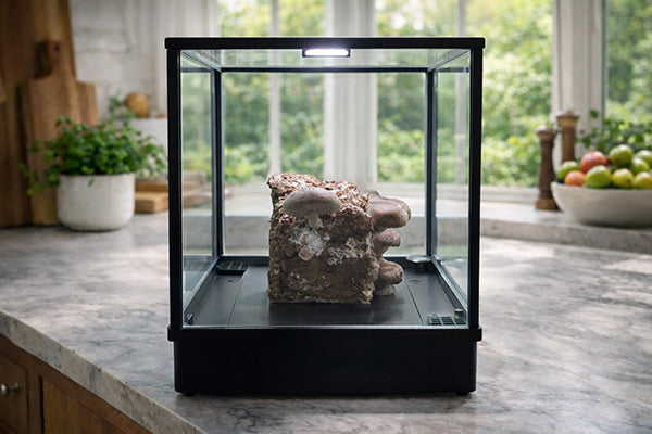 Shiitake (Lentinula edodes) fruiting inside a Lykyn Smart Mushroom Grow Box on a bright kitchen counter