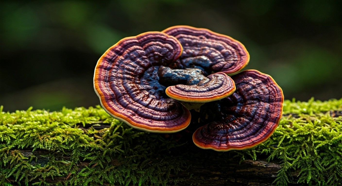 Antler reishi mushroom growing with distinctive branched red fruiting bodies