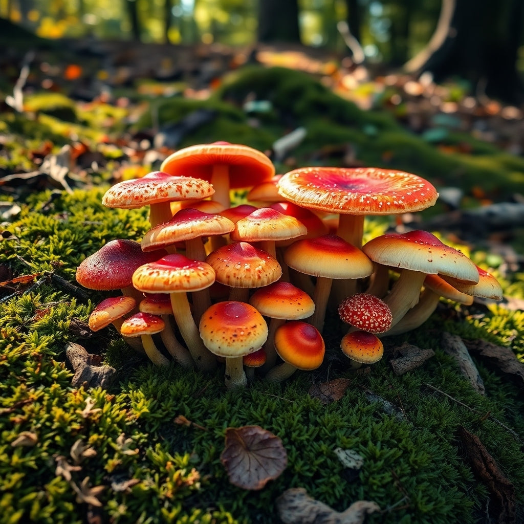 Assorted mushrooms displayed beside vegetables on a wooden cutting board