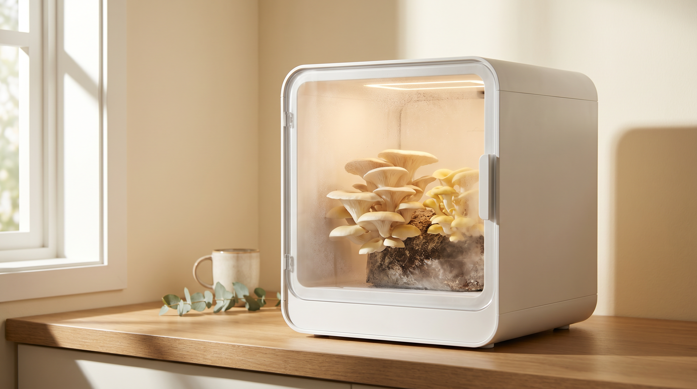 Editorial hero of an automated mushroom grow box on a kitchen counter with oyster mushrooms visible inside