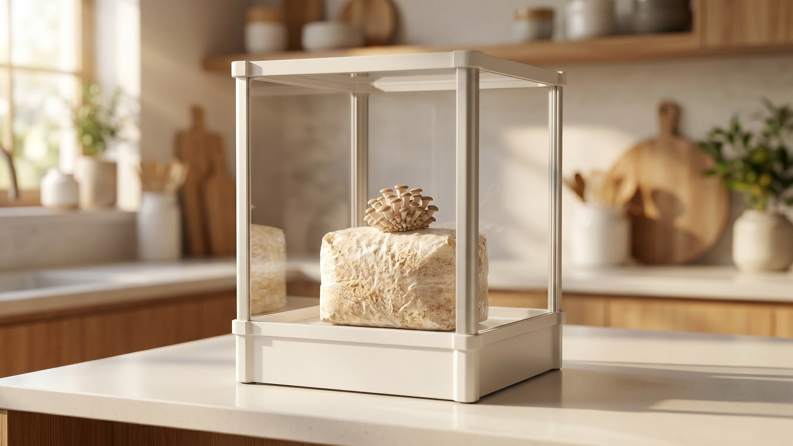 Lykyn Bone White smart mushroom grow chamber with fruiting substrate block and pin-stage oyster mushrooms