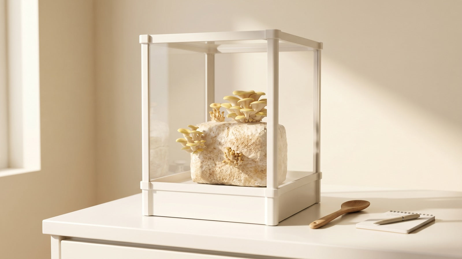 Lykyn Bone White smart mushroom grow chamber on kitchen counter with yellow oyster mushrooms growing inside, photographed for 2026 buyer's guide