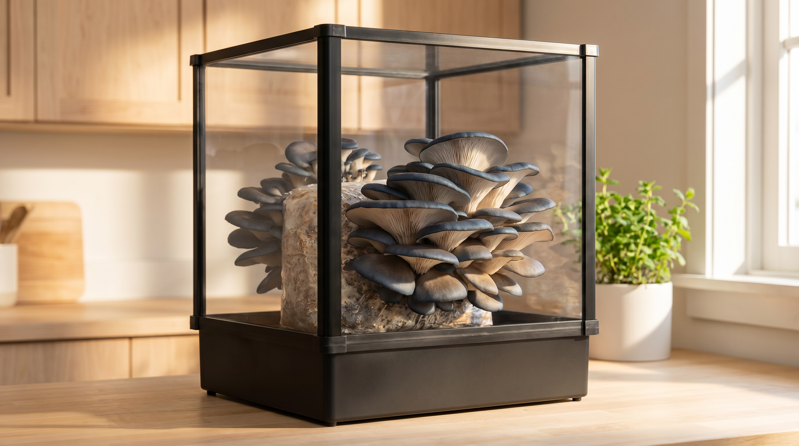 Black Lykyn single-tier smart mushroom grow chamber on a kitchen counter, blue oyster mushroom cluster (Pleurotus columbinus) growing inside on a hardwood substrate block