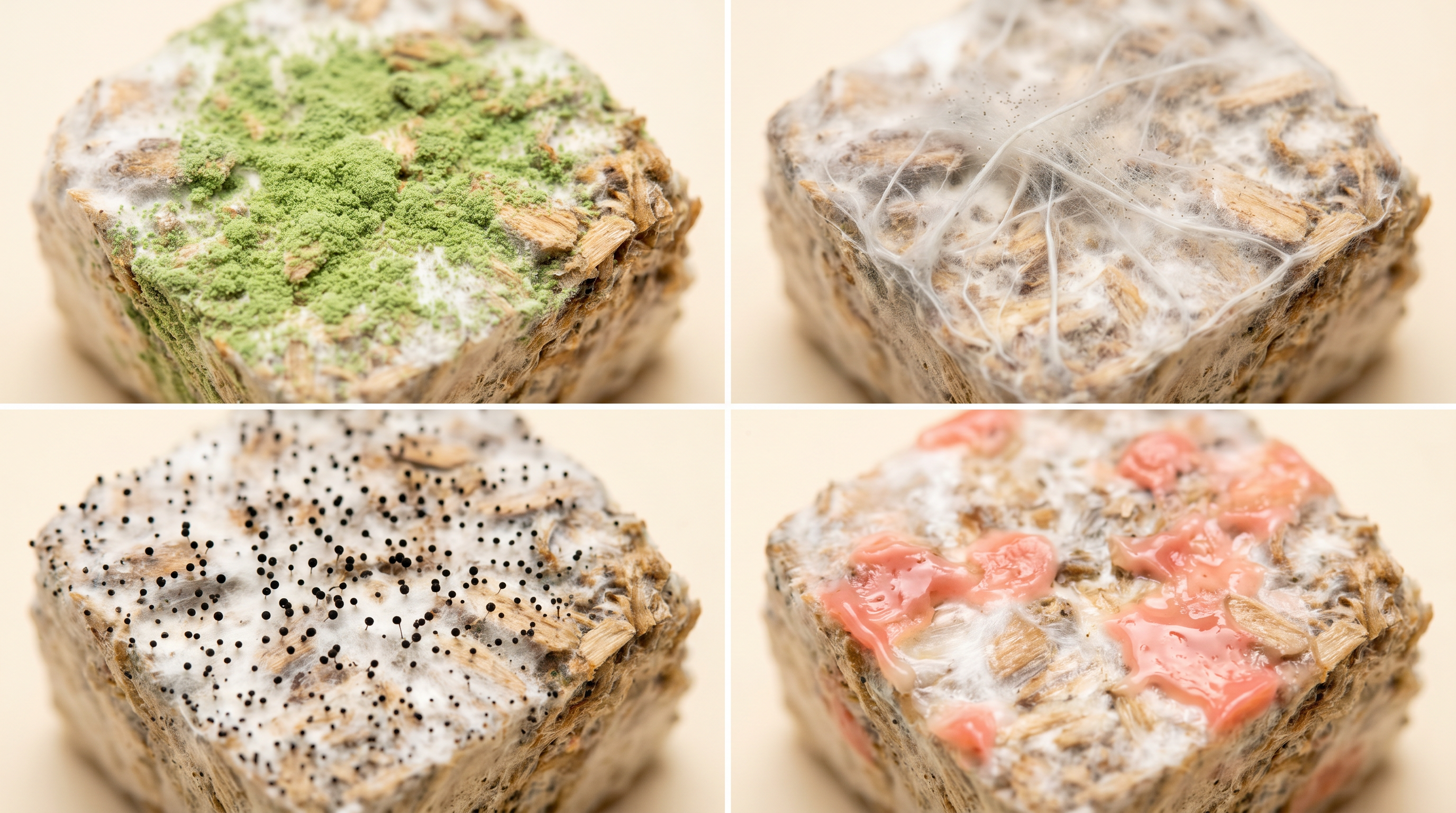 Four-panel comparison of mushroom substrate block contaminations: green Trichoderma mold, white-grey cobweb mold, black pin mold (Rhizopus) sporangia, and pink bacterial blotch