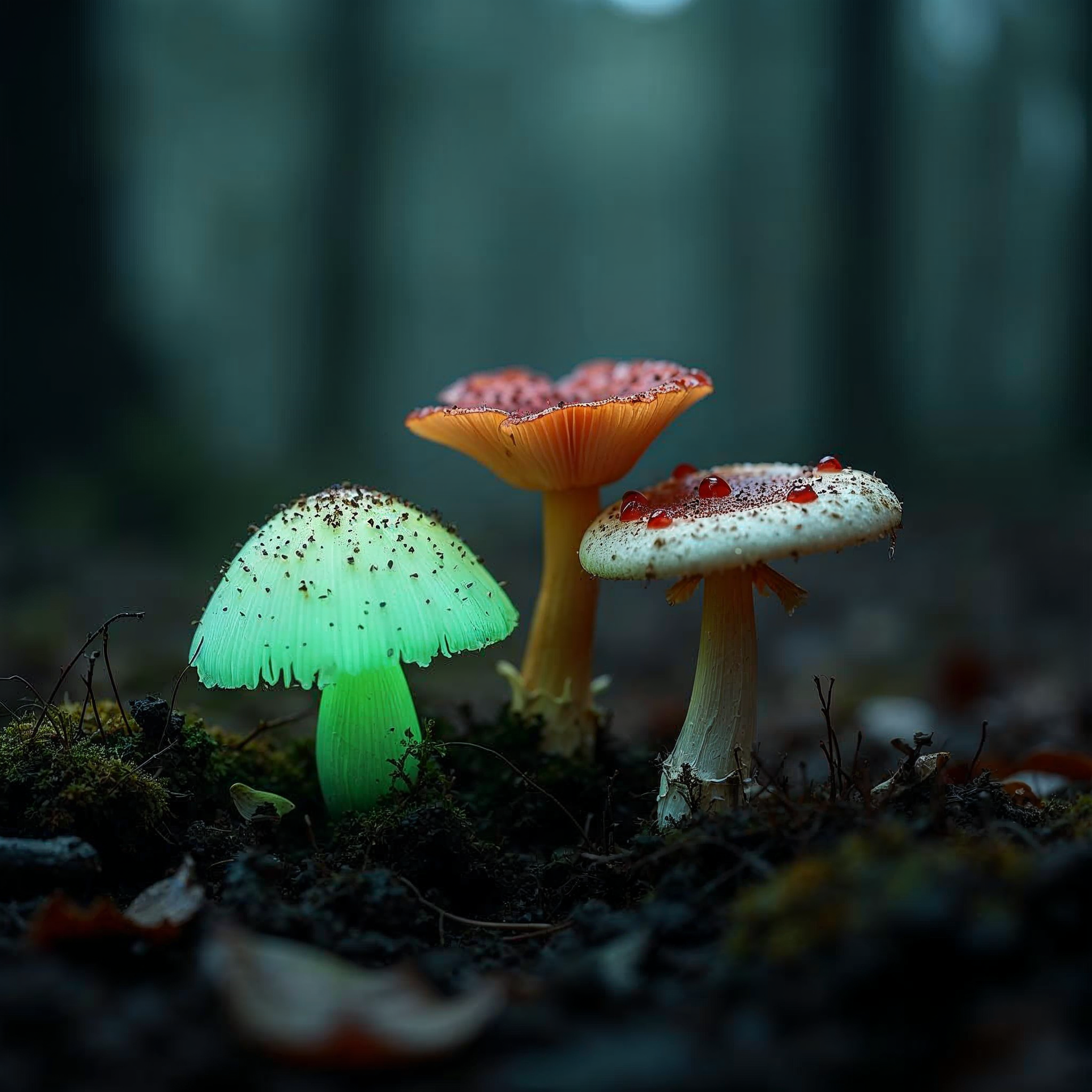 rarest mushrooms in the world including bioluminescent ghost mushroom and bleeding tooth fungus on dark forest floor