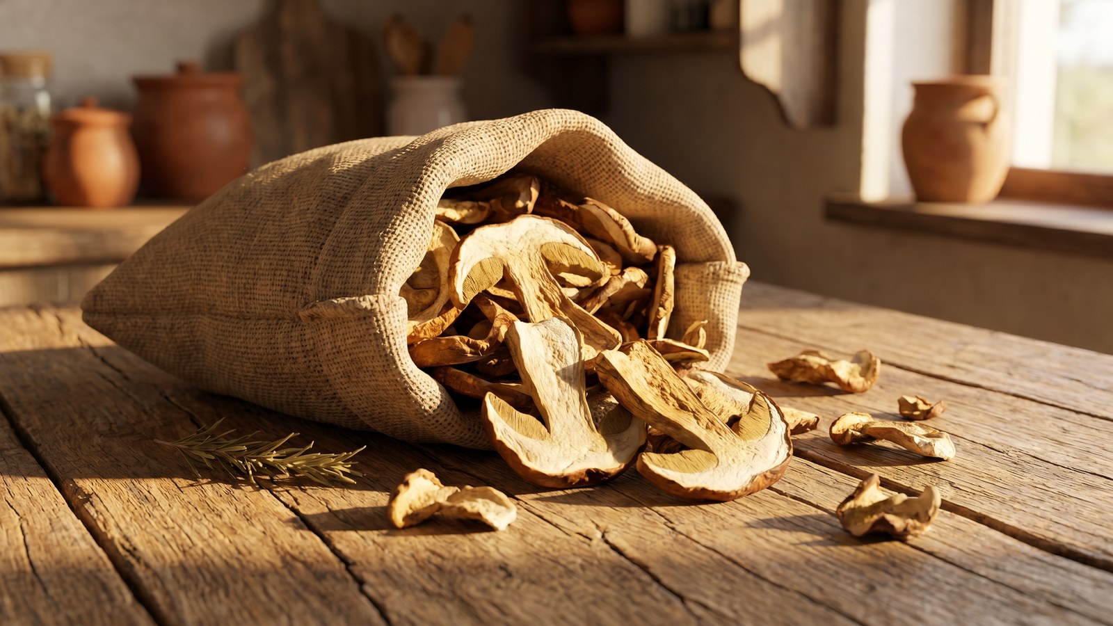 Dried porcini mushroom slices in an open burlap sack on a rustic wood surface
