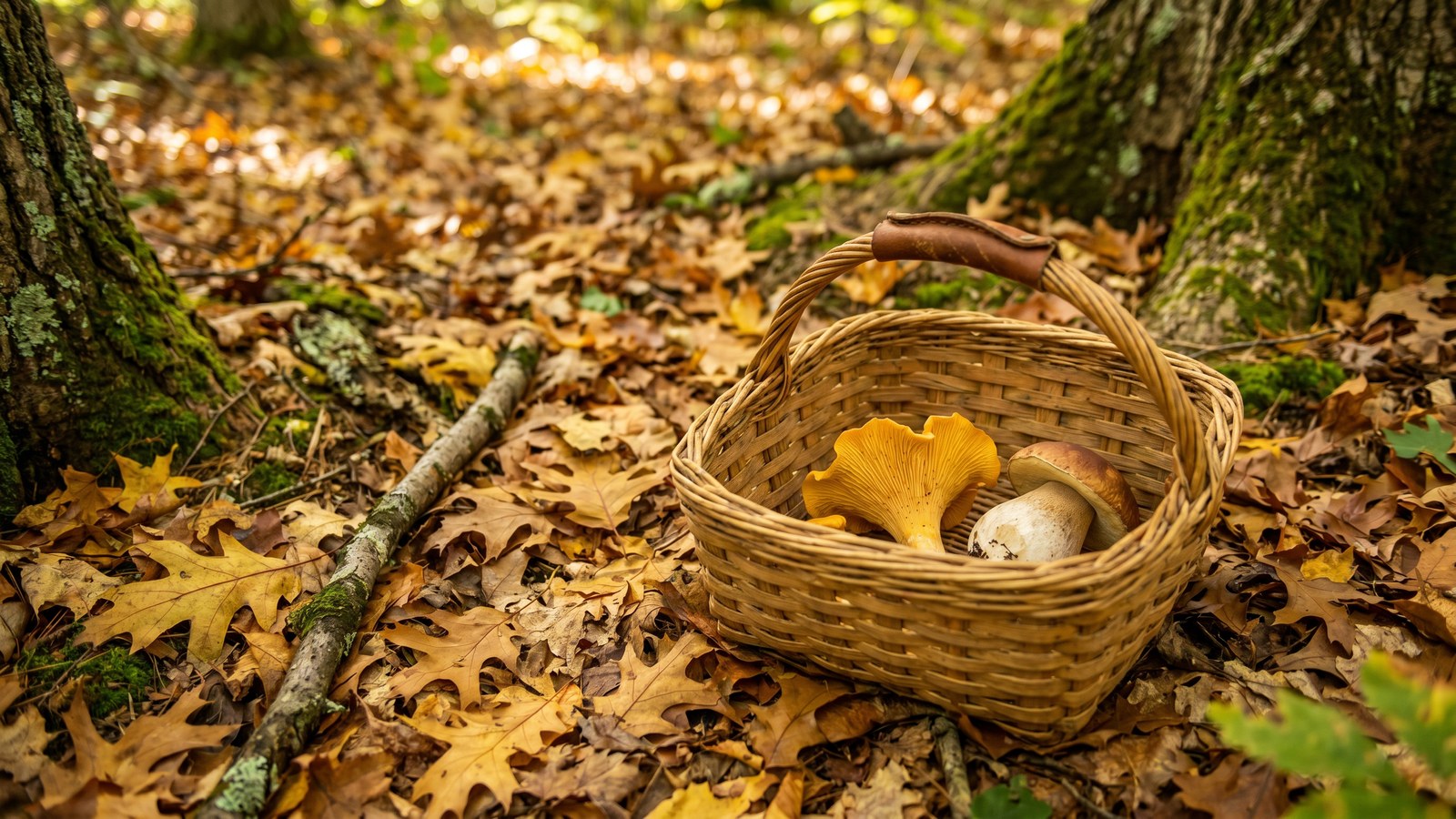 New England forest floor in autumn with a wicker foraging basket containing freshly gathered chanterelle and porcini mushrooms