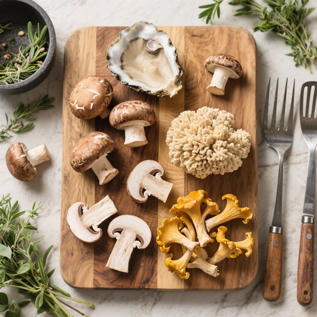 Variety of edible mushrooms displayed on a wooden cutting board