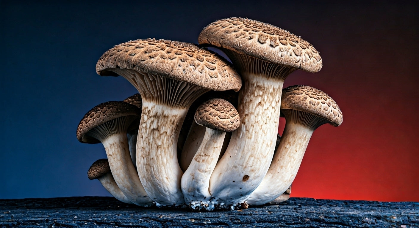 King trumpet mushrooms displayed with nutrition labels and natural elements
