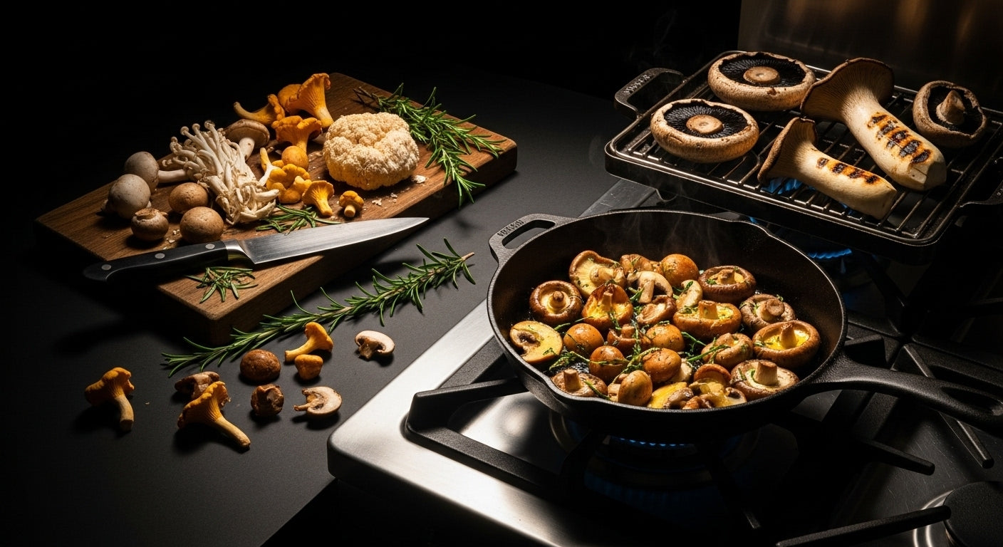 Fifteen edible mushroom varieties arranged on a kitchen counter for cooking