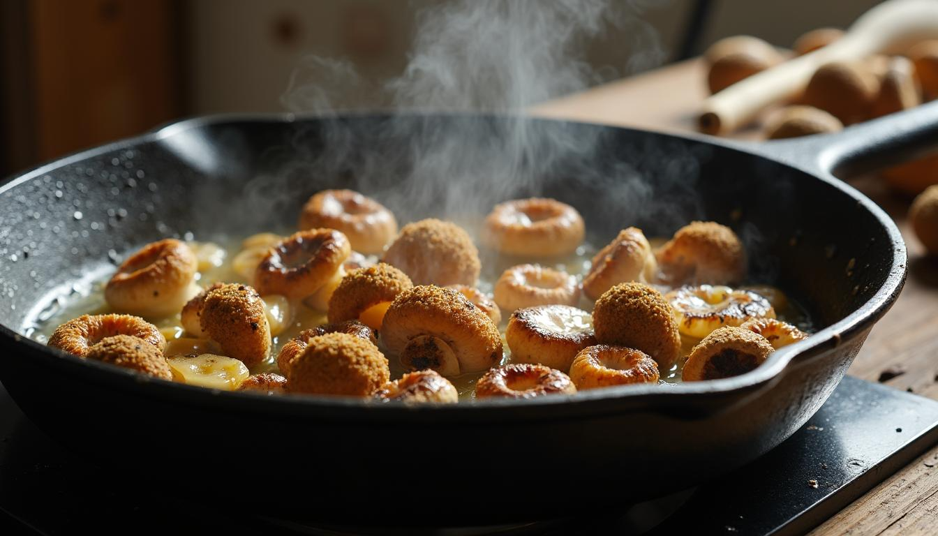 Pan-fried morel mushrooms with golden crispy edges on a wooden serving board