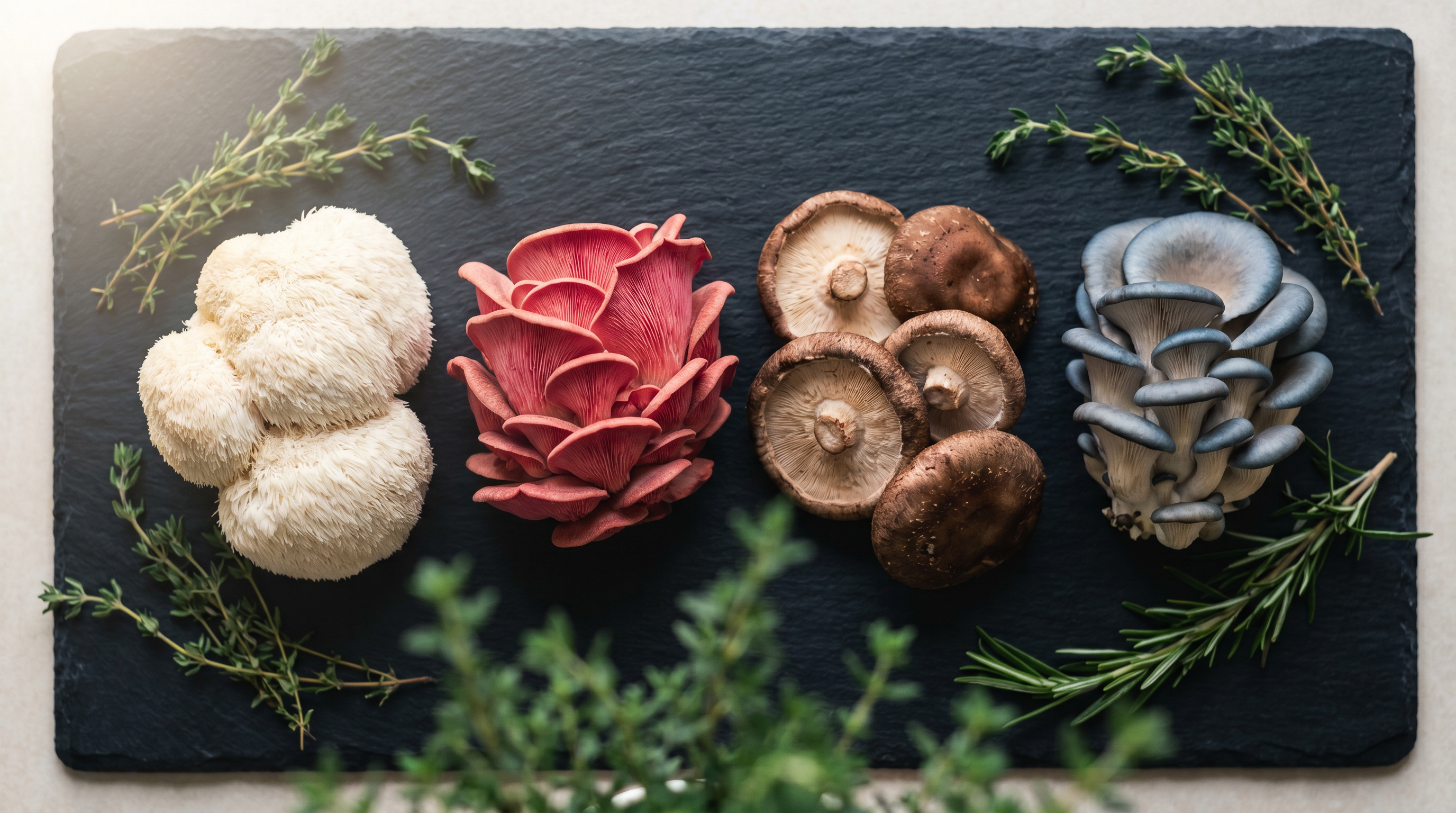 Overhead flat-lay of four gourmet mushroom species - lion's mane, pink oyster, shiitake, and blue oyster - on a slate cutting board with herbs