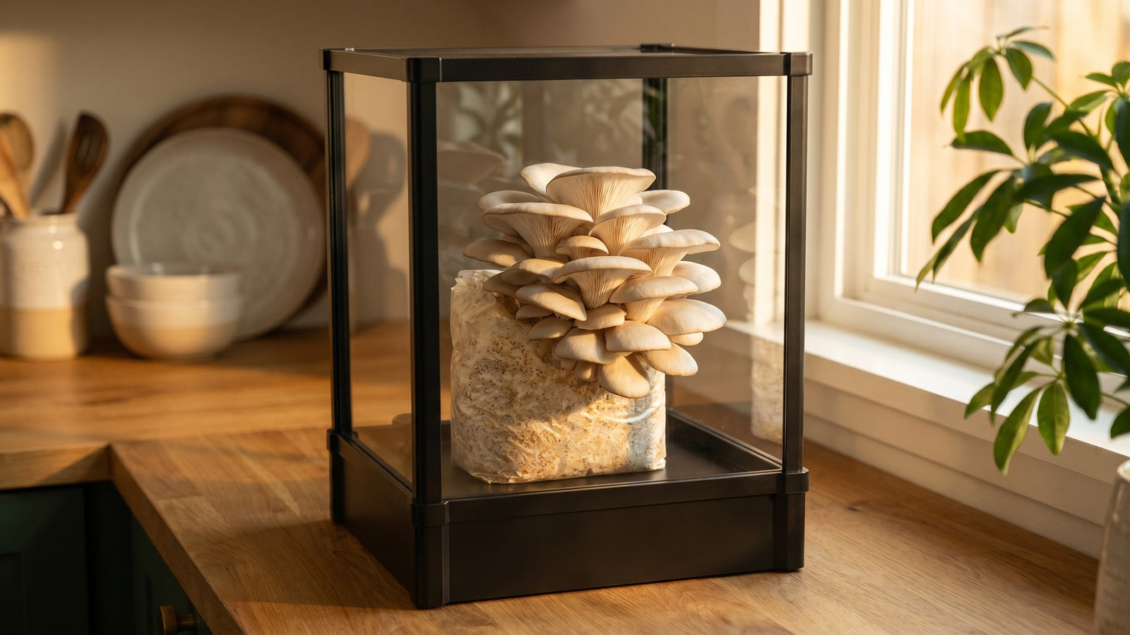 Lykyn Obsidian Black smart mushroom grow chamber on a kitchen counter with fresh oyster mushrooms fruiting inside