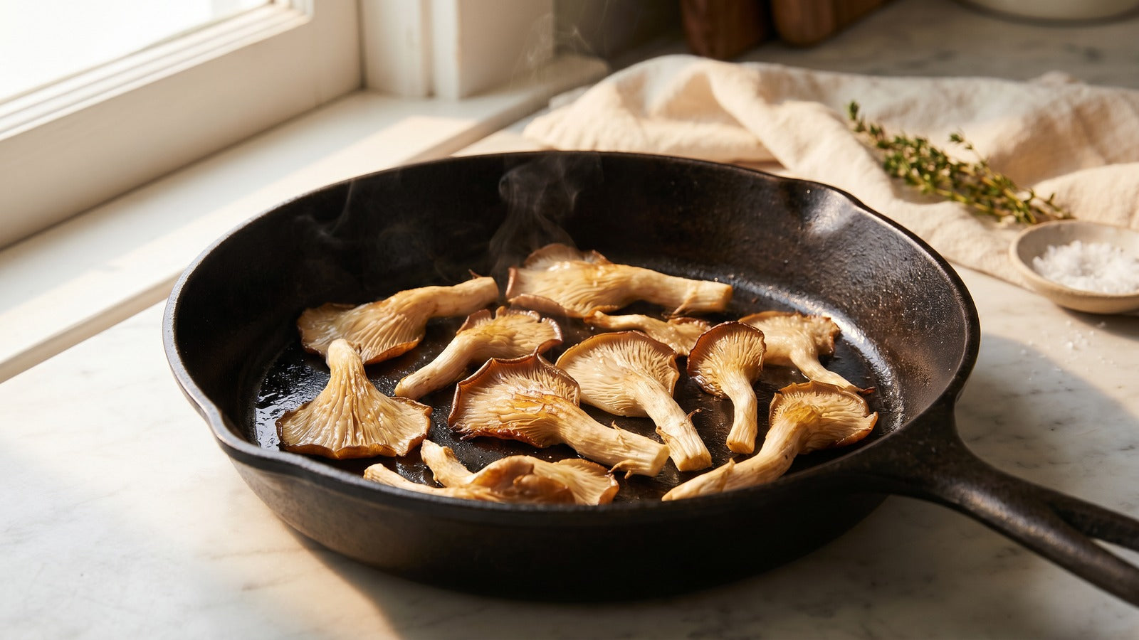 Torn pearl oyster mushrooms dry-searing in a hot cast-iron pan with edges just caramelizing golden-brown, master method canonical moment