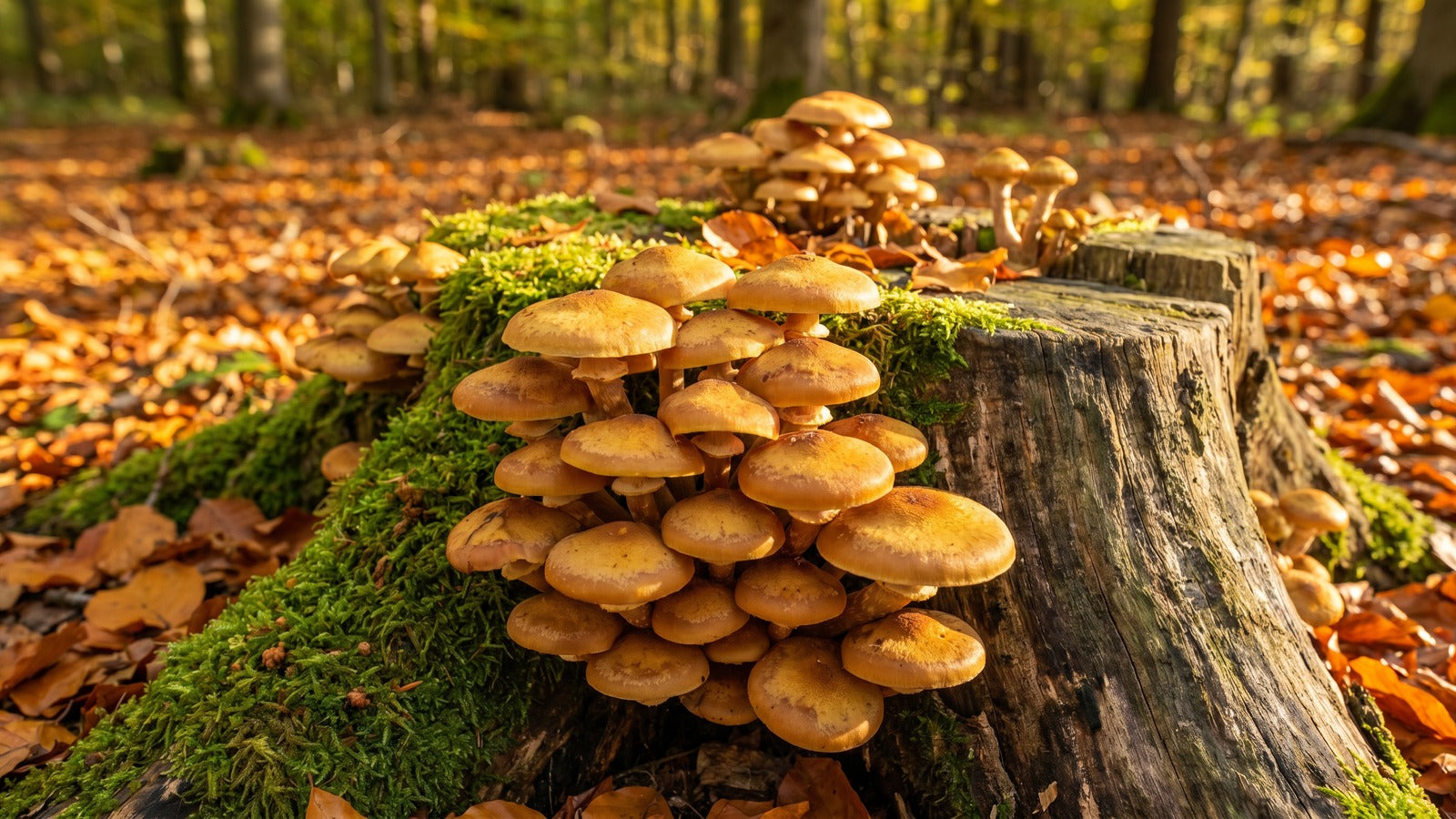 Honey mushroom cluster growing on a fallen tree stump in an autumn forest