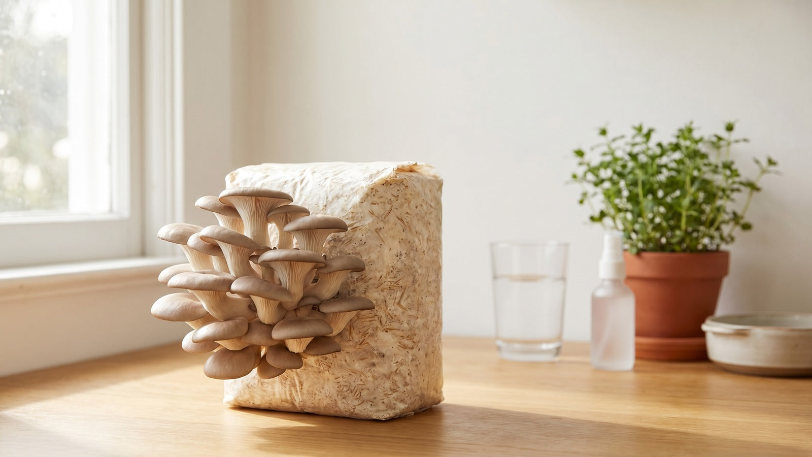 Beginner home mushroom growing setup with a colonized substrate block fruiting oyster mushrooms