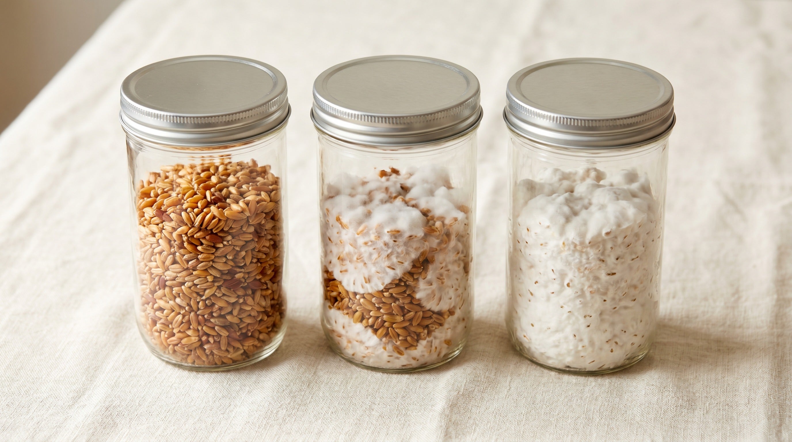 Three glass jars showing wheat grain at different mycelium colonization stages from bare grain to fully colonized white mycelium