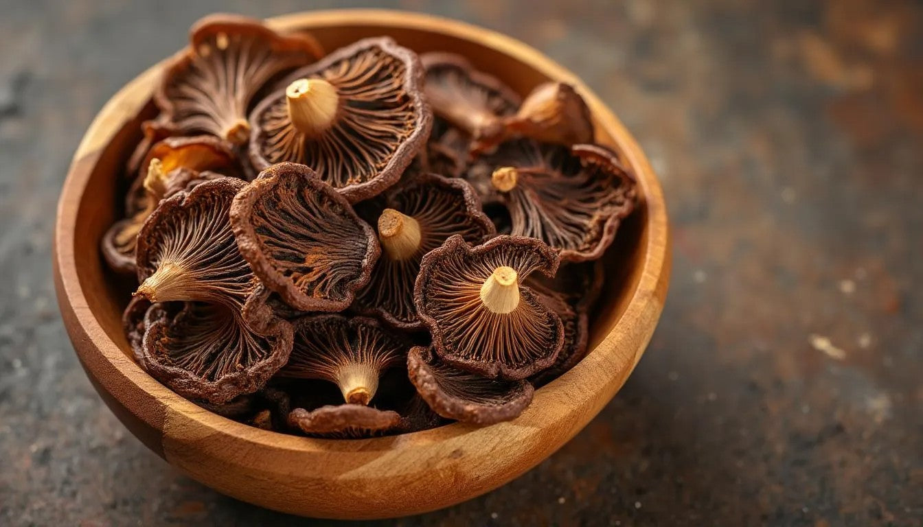 A wooden bowl filled with premium dried porcini mushrooms, showcasing their rich brown color and distinctive shapes