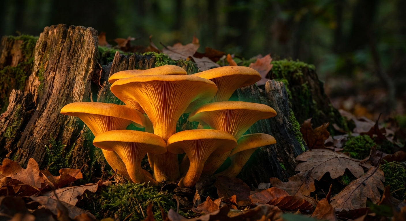 Cluster of toxic orange jack-o'-lantern mushrooms growing on decaying oak stump showing characteristic funnel shape and decurrent gills in forest setting