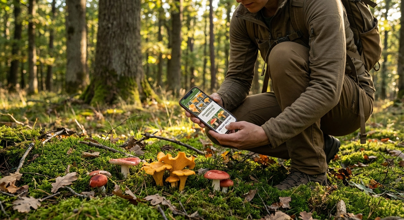 Forager using a smartphone mushroom identifier app to scan wild chanterelles and red-capped mushrooms on a mossy forest floor in natural sunlight