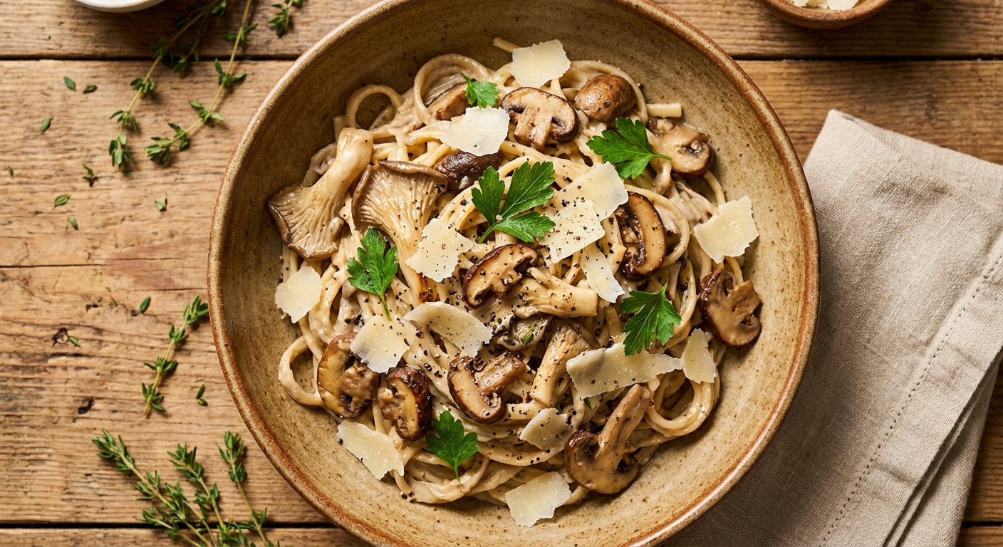 Creamy mushroom pasta with sautéed oyster and shiitake mushrooms in a ceramic bowl, garnished with fresh parsley and parmesan cheese on a rustic wooden table
