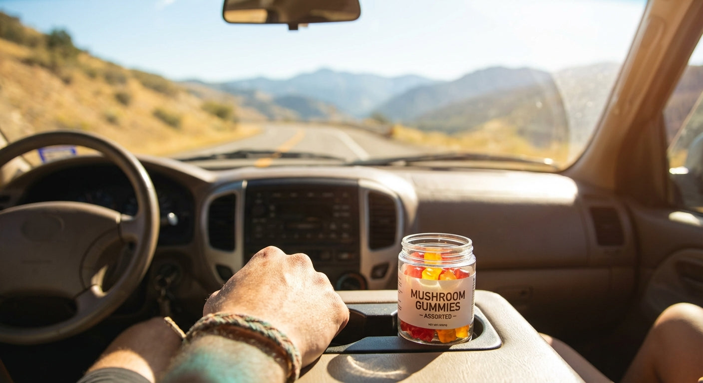 Glass jar of functional mushroom gummies in car cupholder with scenic mountain highway visible through windshield during summer road trip