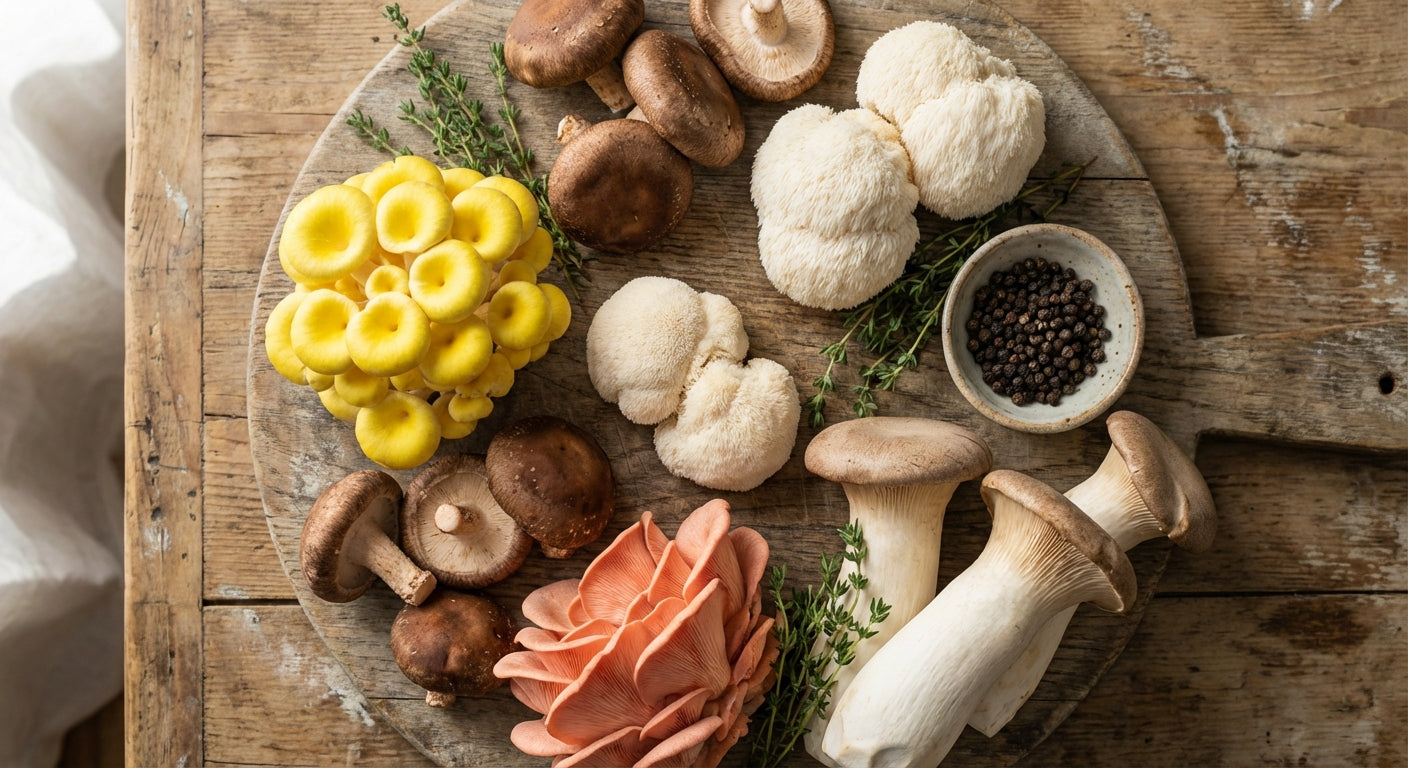 Diverse mushroom varieties including golden oyster, shiitake, lion's mane, pink oyster, and king trumpet mushrooms arranged on a rustic wooden cutting board with fresh herbs