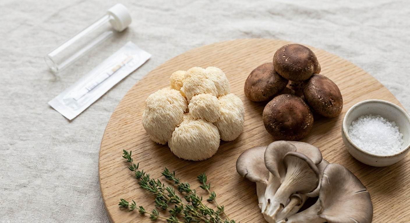 Variety of culinary mushrooms including lion's mane and shiitake on wooden board with medical test elements in background, representing the question of whether mushrooms appear on drug tests