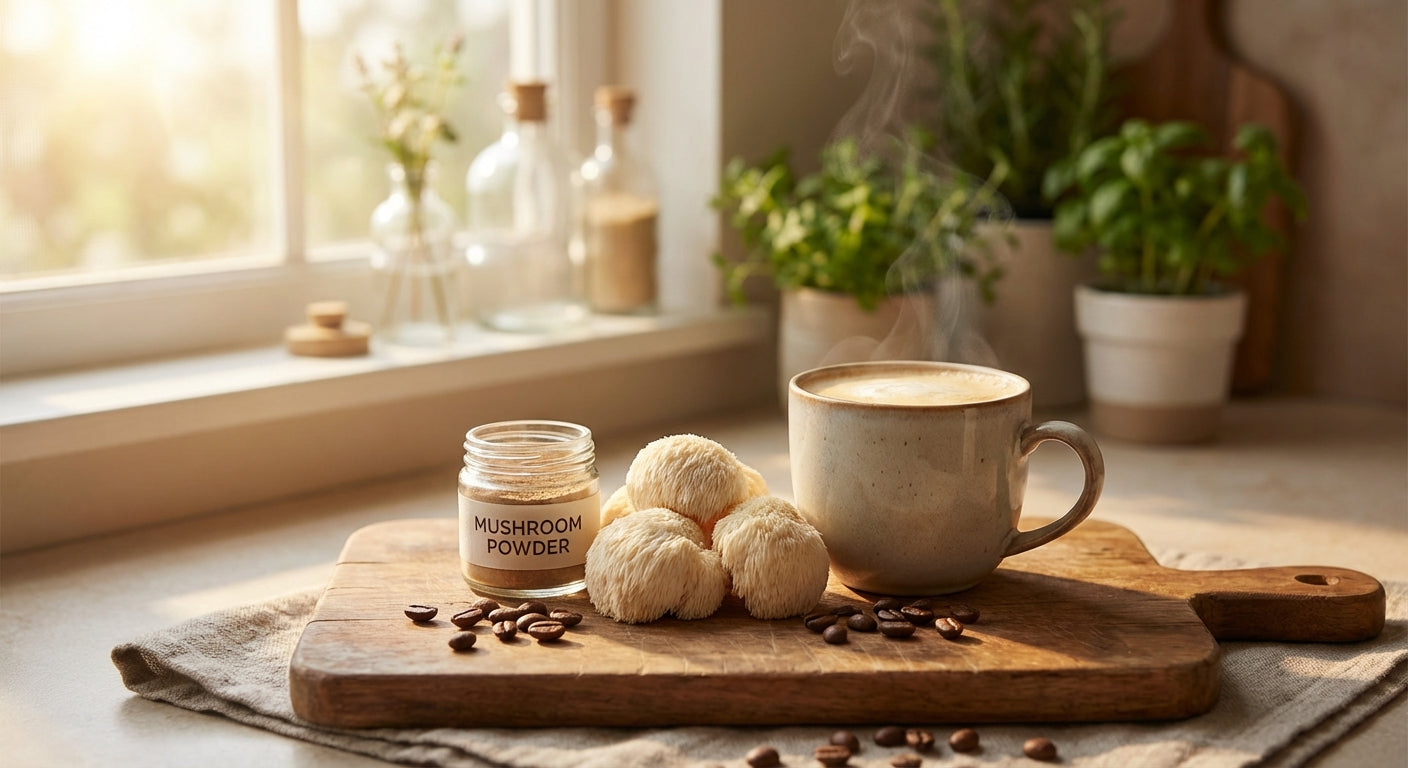 Steaming cup of everyday dose mushroom coffee on wooden board with fresh lion's mane mushrooms and coffee beans in morning kitchen light