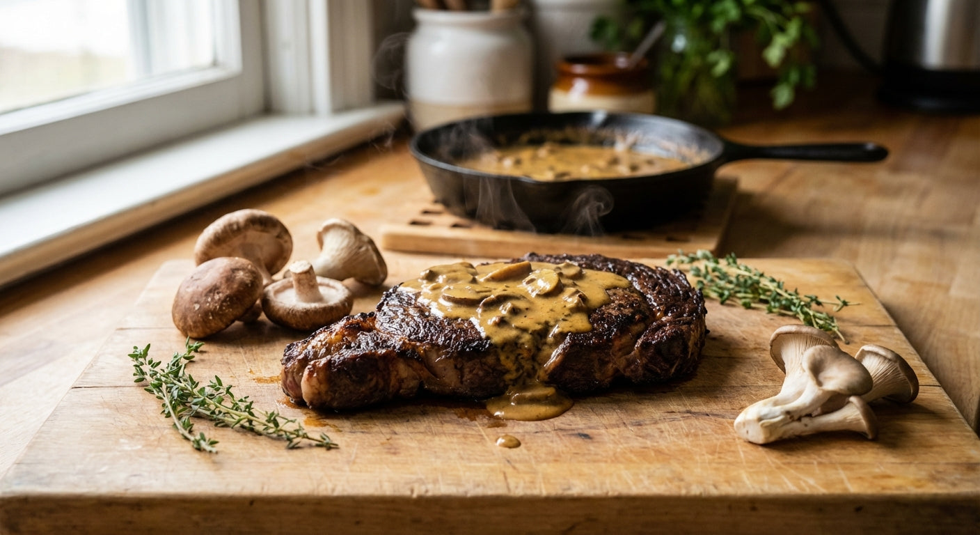 Seared ribeye steak topped with creamy homemade mushroom sauce on wooden cutting board, surrounded by fresh shiitake and oyster mushrooms with thyme garnish