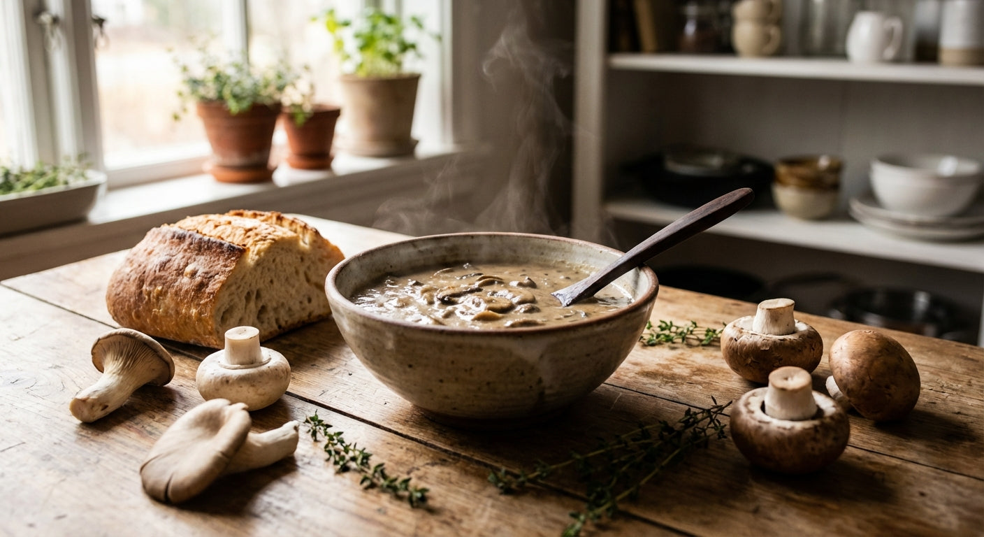 Homemade cream of mushroom soup in ceramic bowl with fresh mushrooms, crusty bread, and thyme garnish on rustic wooden table
