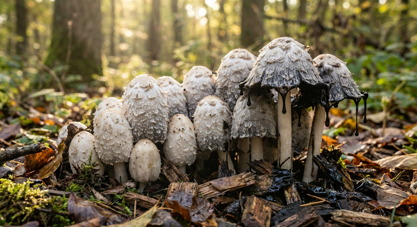 Fresh inky cap mushrooms in various growth stages growing on forest floor, showing characteristic bell-shaped caps with some beginning to dissolve into black ink