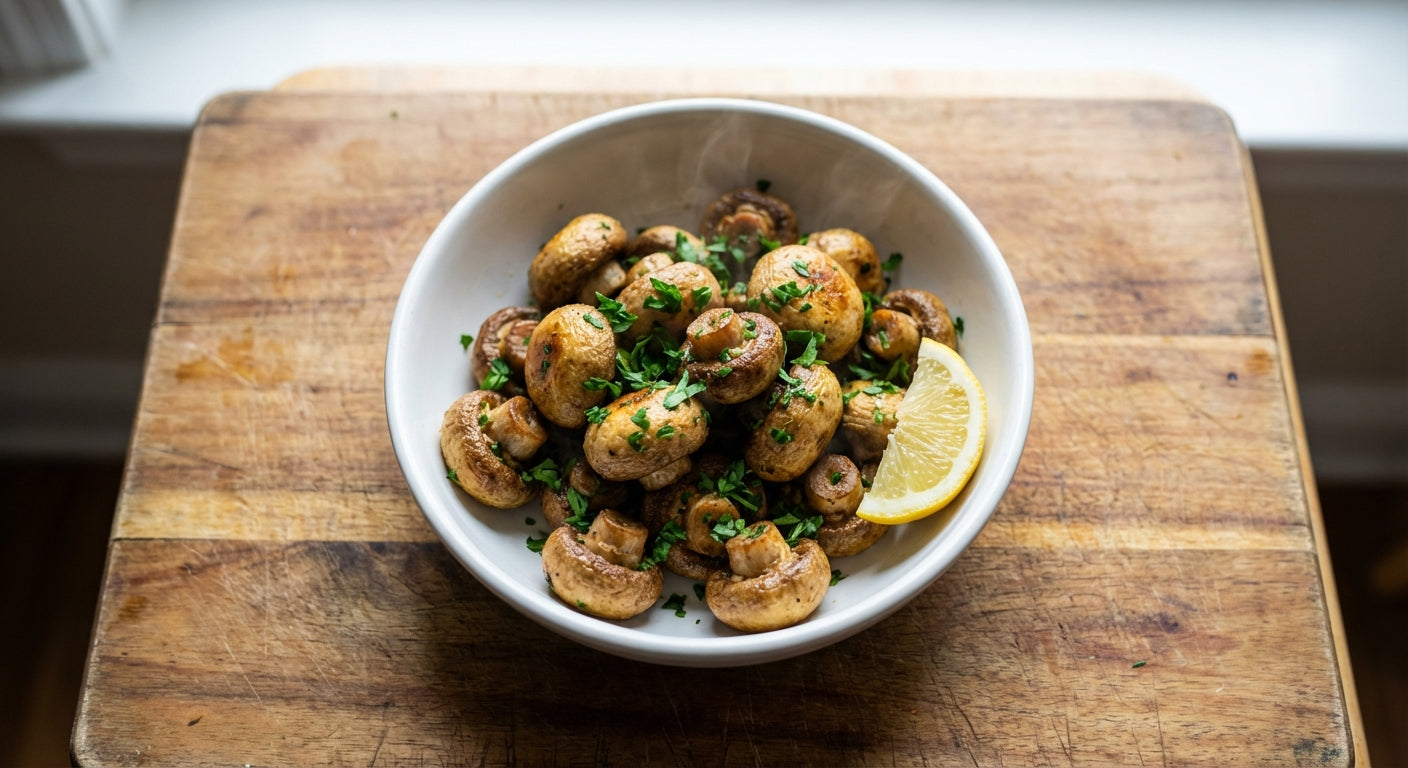 Crispy golden air fryer mushrooms served in a white bowl with fresh parsley garnish and lemon wedge on wooden cutting board