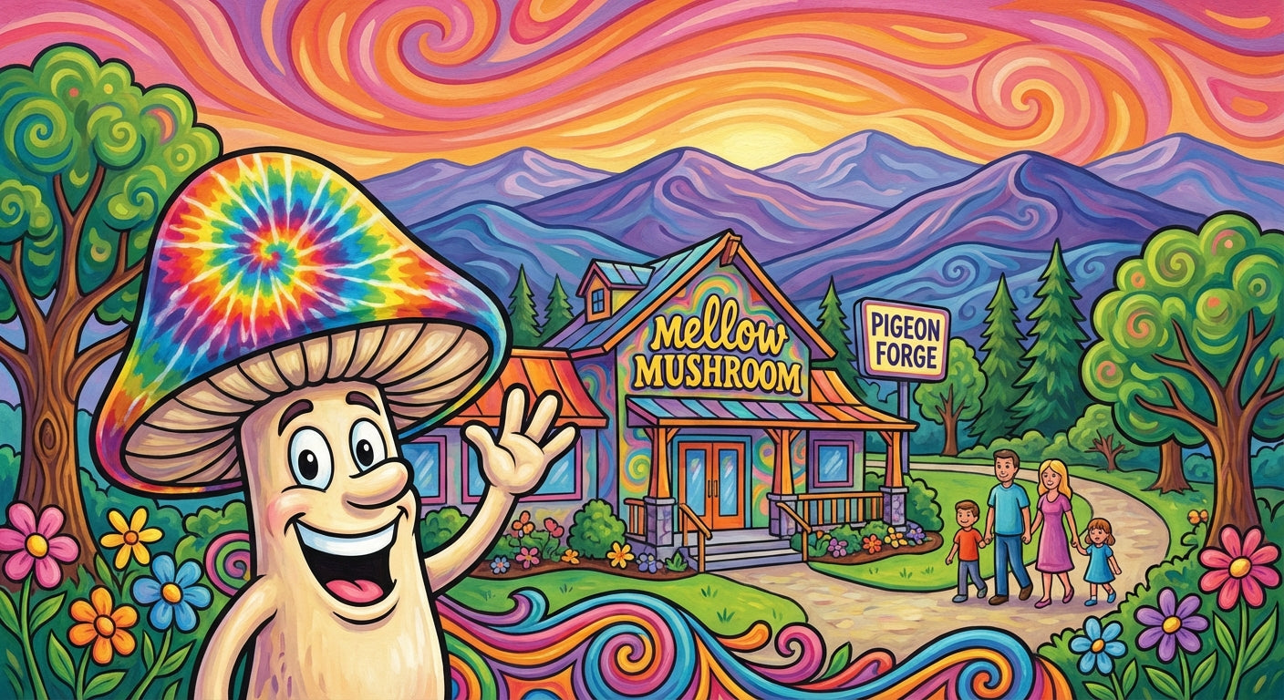 A vibrant and artistic representation of the Mellow Mushroom in Pigeon Forge with a large, friendly mushroom character against a backdrop of the Great Smoky Mountains.