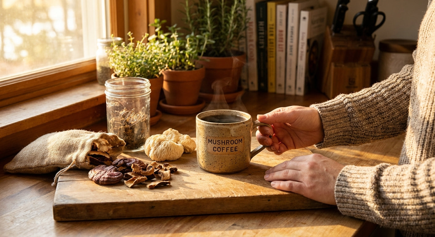 A warm ceramic mug of mushroom coffee on a wooden countertop surrounded by dried lion's mane and reishi mushrooms in soft morning kitchen light