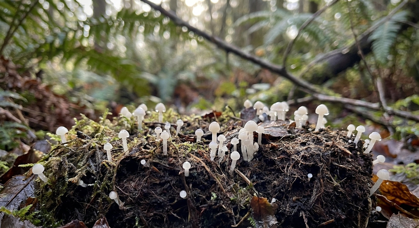Dozens of tiny white mushroom pins (baby mushrooms) emerging from substrate, showing the early pinning stage of mushroom cultivation with visible primordia clusters.