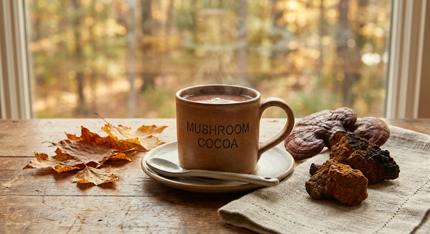 Steaming cup of mushroom cocoa surrounded by raw cacao nibs and dried medicinal mushrooms on a rustic wooden table with soft natural lighting.