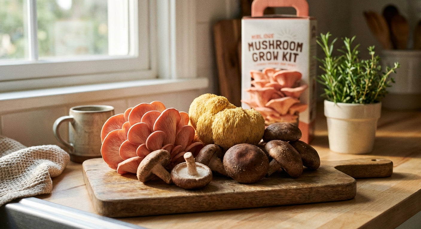 Freshly harvested homegrown edible mushrooms including pink oyster, lion's mane, and shiitake arranged on a wooden cutting board in a sunlit kitchen with a mushroom grow kit visible in the background