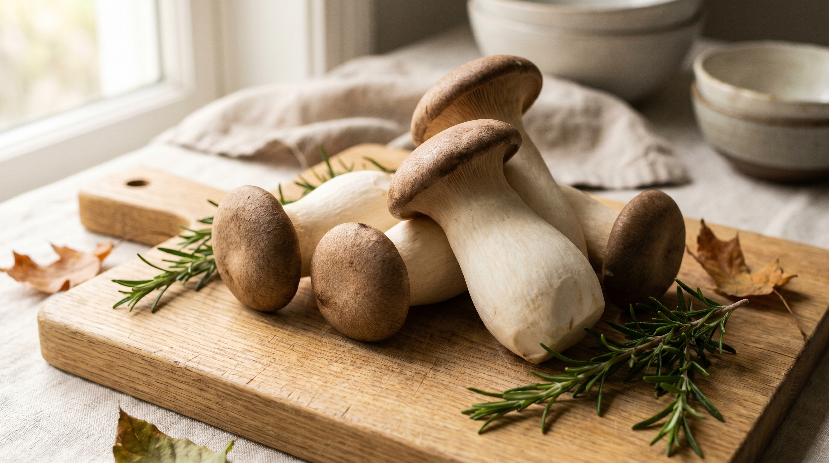 Whole king trumpet mushrooms with thick white stems on a wooden board with rosemary