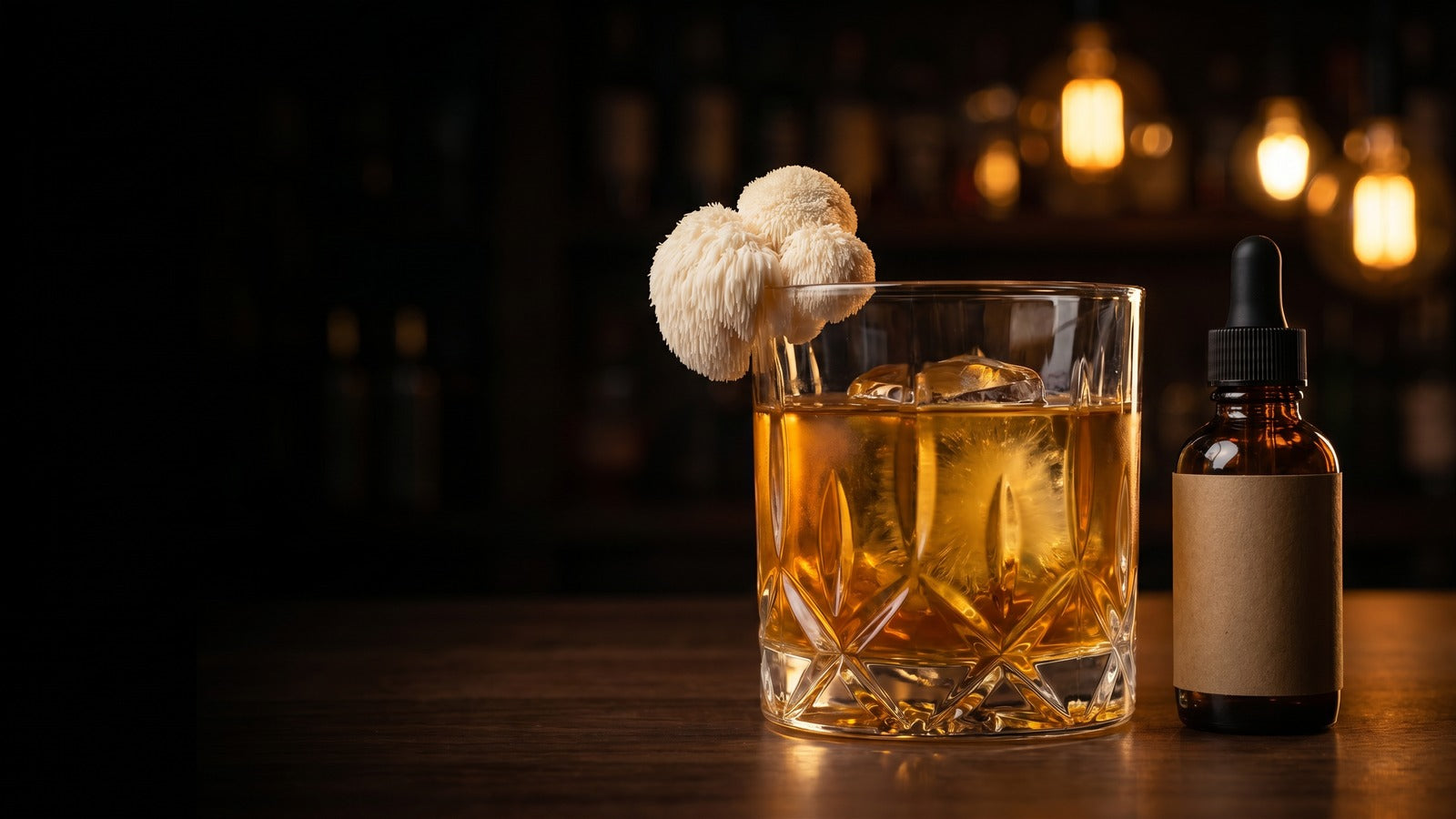 Lion's Mane mushroom-infused cocktail in a crystal tumbler with fresh garnish, photographed in a moody bar setting