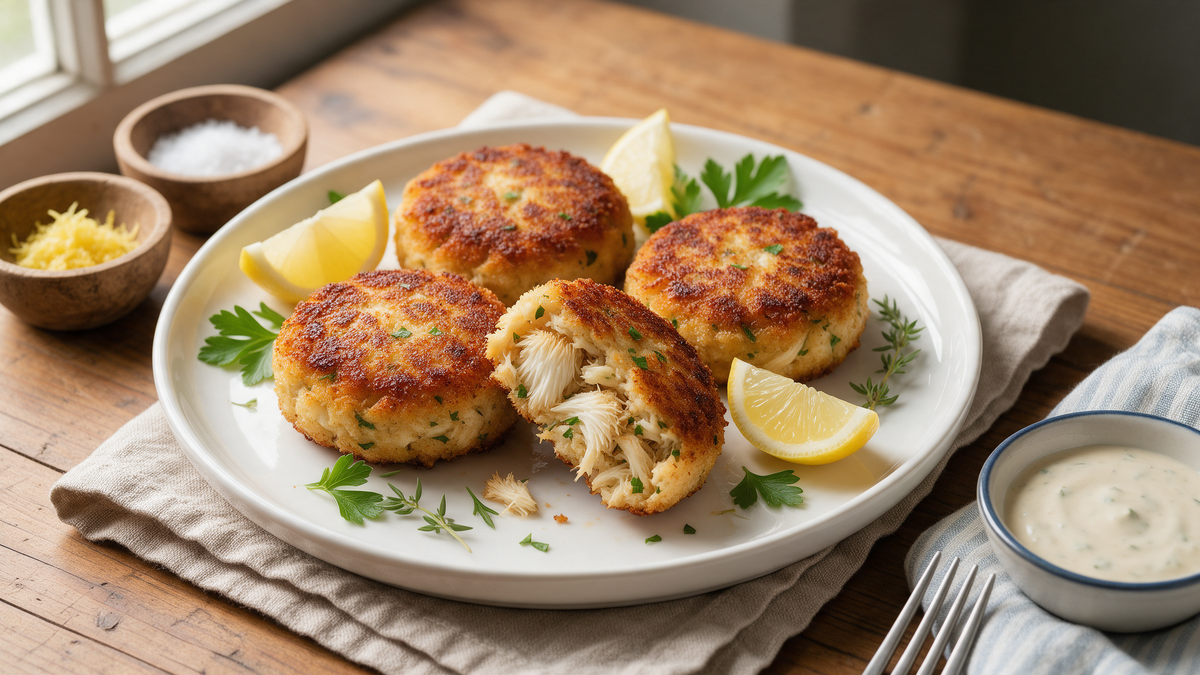 Fresh lion's mane mushroom crab cakes on a white ceramic plate with lemon wedges, one of 7 beginner recipes.